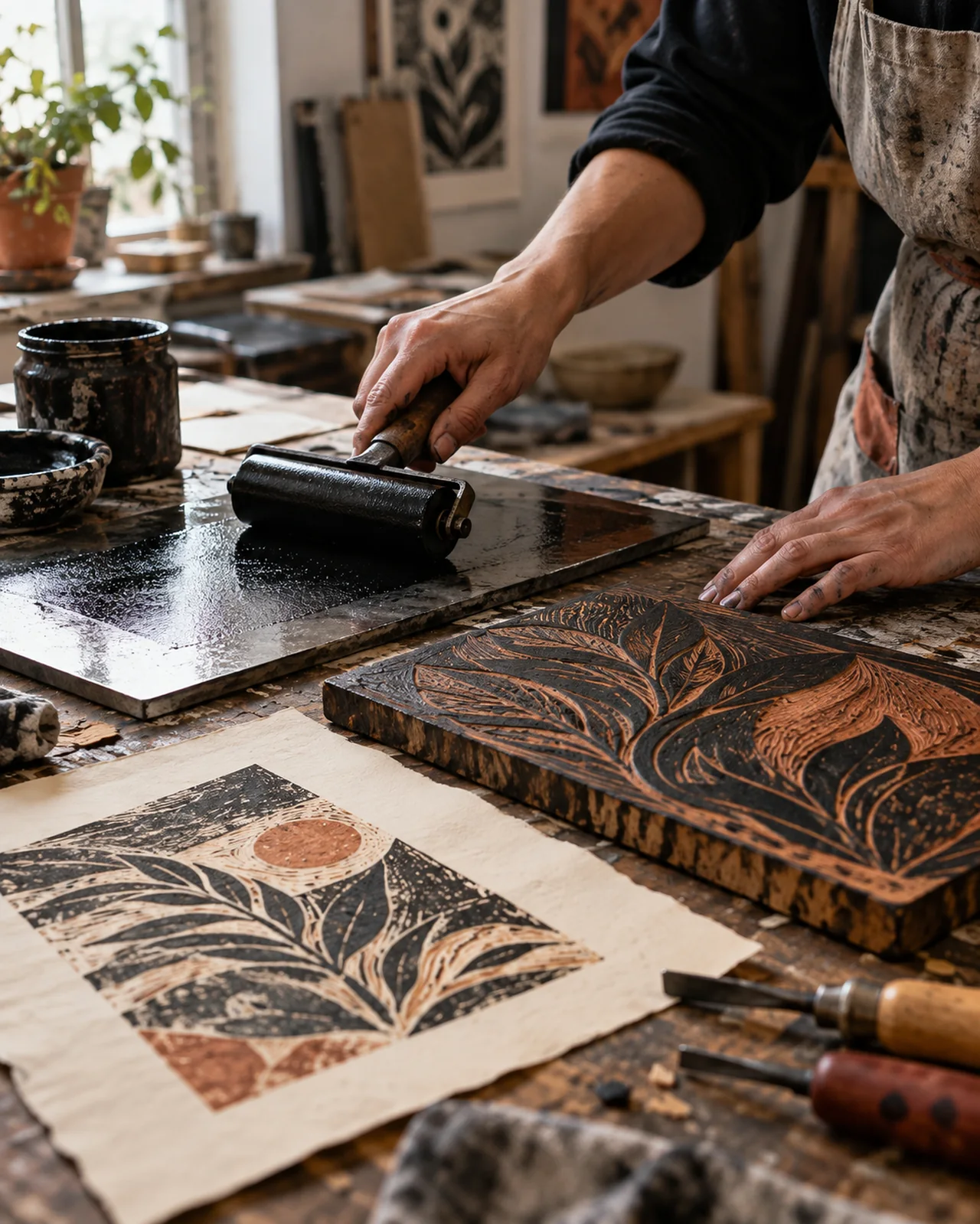 Ferramentas e mãos em um processo de gravura no ateliê.