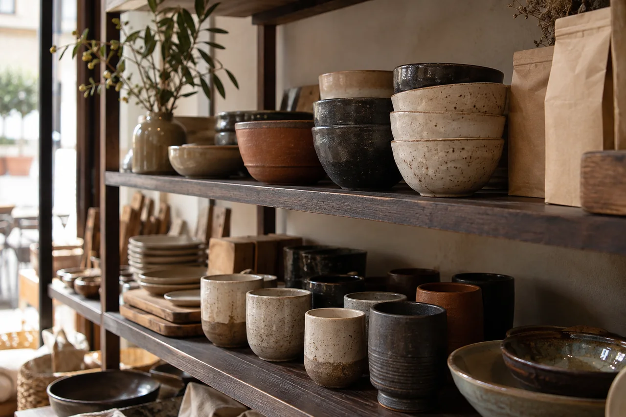 Cerâmicas e produtos em uma vitrine independente.