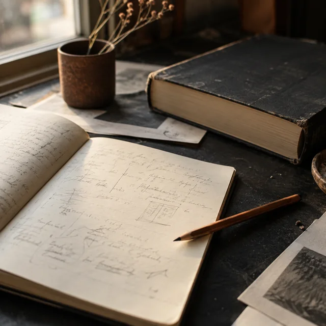 Caderno aberto, livros e lápis em uma mesa ilustrativa de pesquisa.