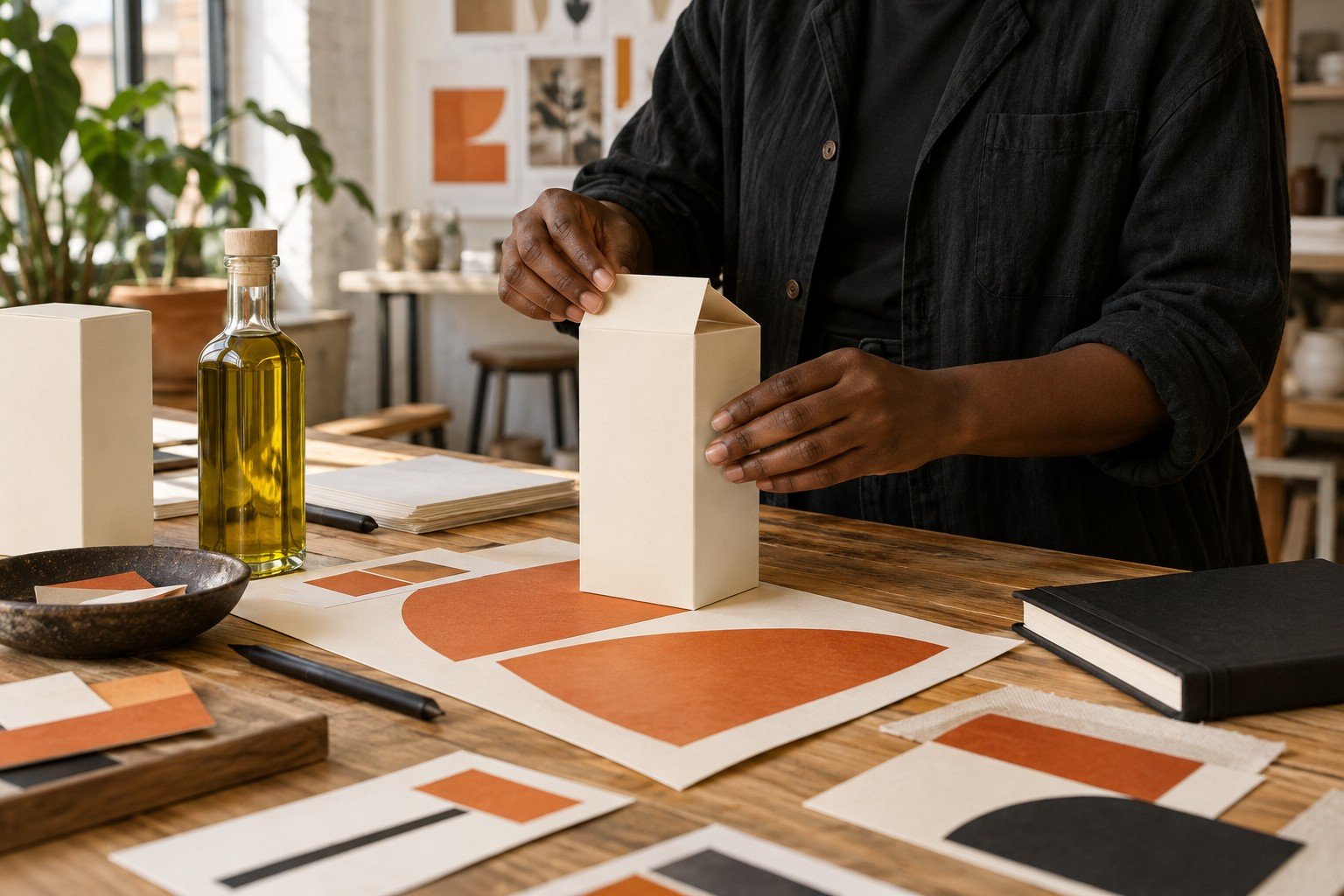 Mãos trabalhando com embalagens e materiais em um estúdio ilustrativo.