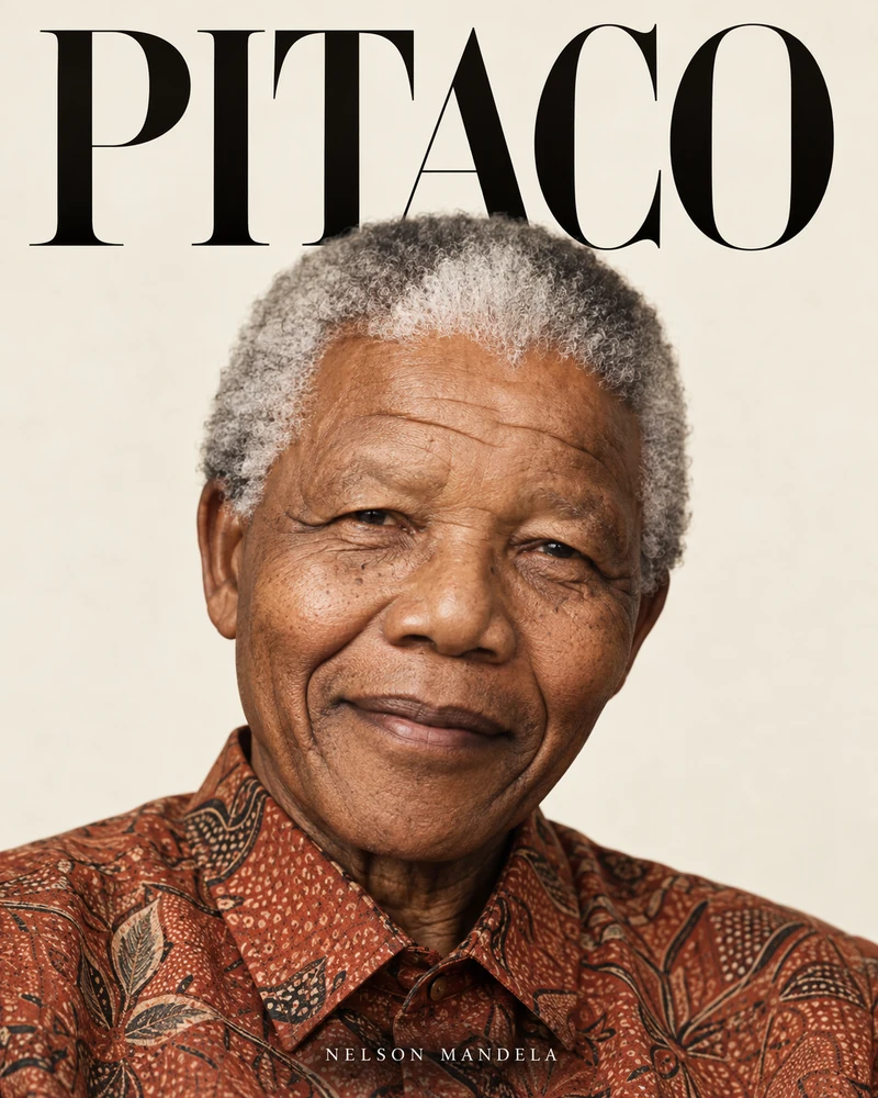 Capa demonstrativa da Pitaco com retrato ilustrativo de Nelson Mandela, gerado por IA.