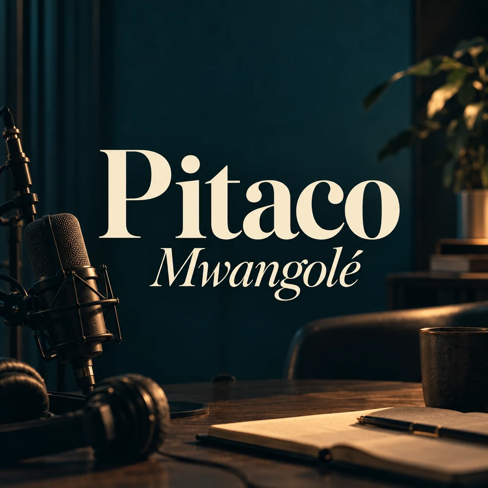 Capa provisória do Pitaco Mwangolé, com título em fundo petróleo e microfone de estúdio.